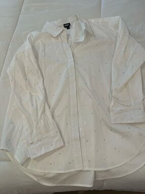 INC International Concepts White Button-Up Shirt with Scattered Rhinestones
